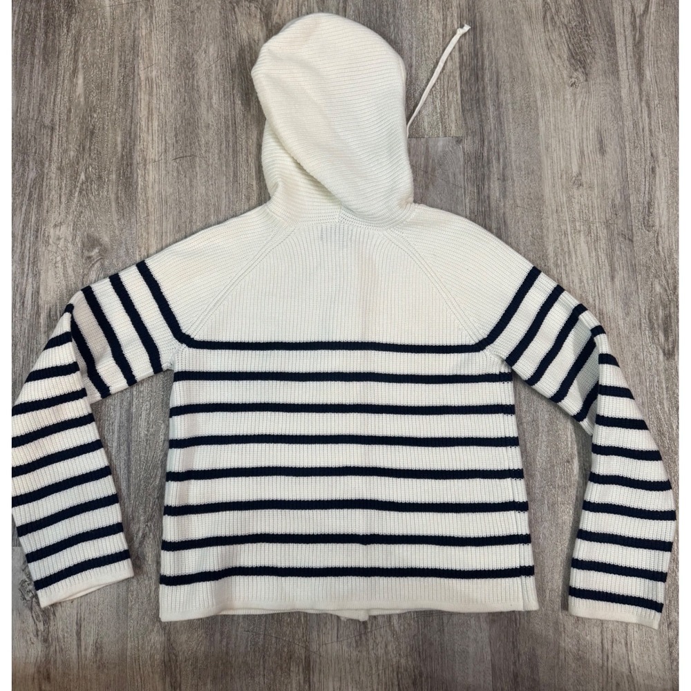 Evereve Isabel Hoodie Cardigan Cream Navy Stripe Drawstring Button Front Size S - Picture 3 of 7